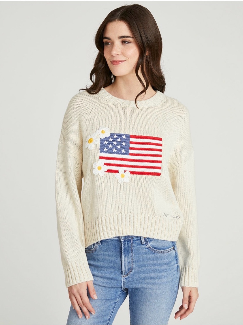 DRIFTWOOD Cream Crewneck Sweater with Flag & Daisy Motif Size Small